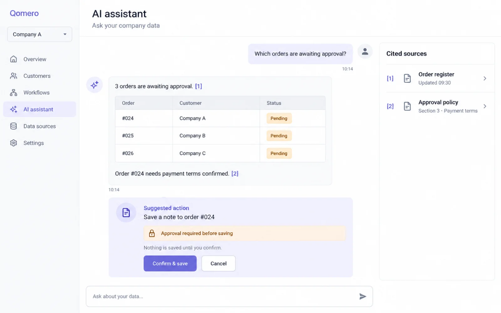 AI assistant answering a question over company data with cited sources and a user approval step before saving.